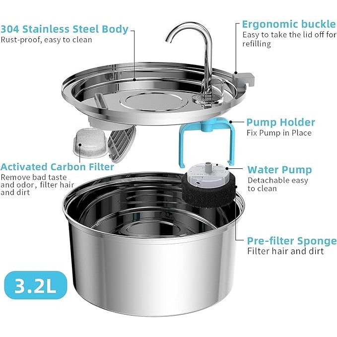 Stainless Steel Pet Water Fountain 3L Ø23x13cm