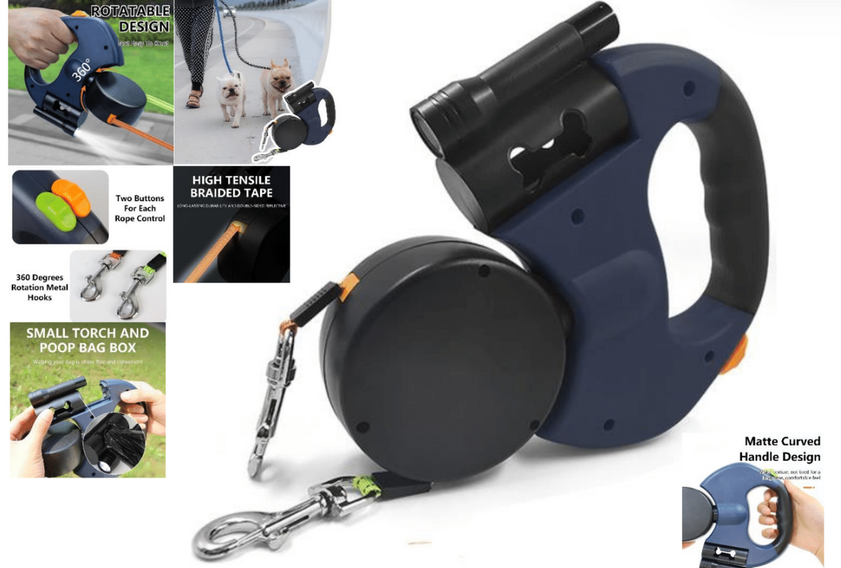 Rotated Double Retractable Leash with LED Light & Poo Bag Holder