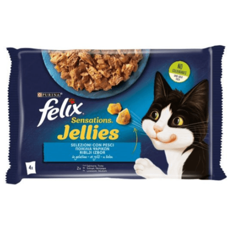 Purina Felix Sensations Jellies Cat Pouches With Salmon and Trout 4x85gr (1 Pack or MultiPack)