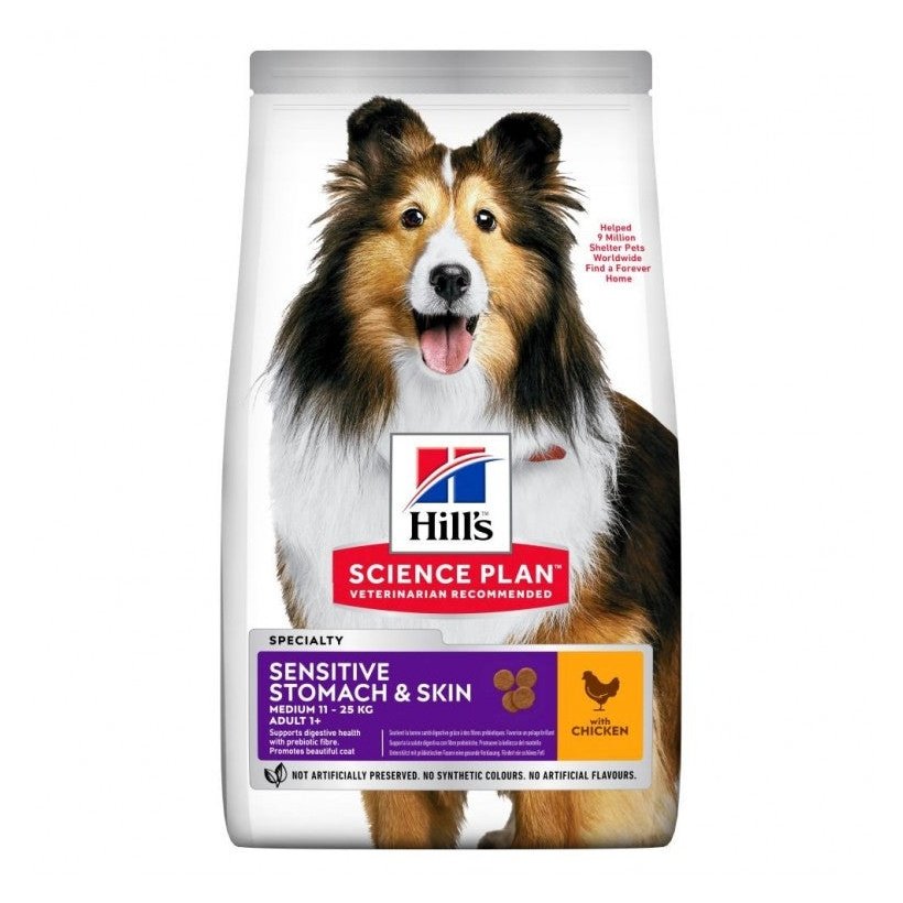 Hills Science Plan Sensitive Stomach & Skin Medium Adult Dog Food With Chicken 12+2kg BONUS